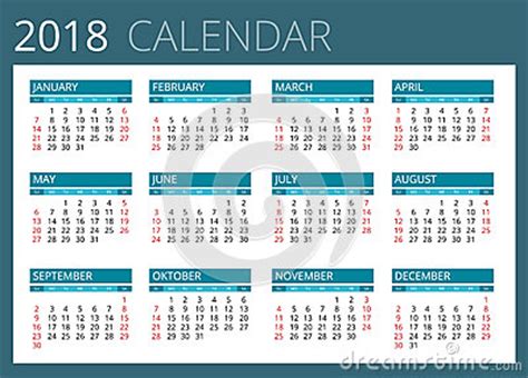 Calendario Para 2018 La Semana Comienza Domingo Diseño ...