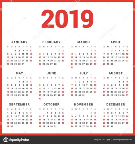 Calendario para el año 2019 en fondo blanco. Comienza la ...