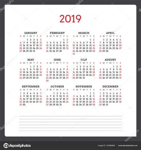 Calendario para el año 2019. La semana comienza el domingo ...