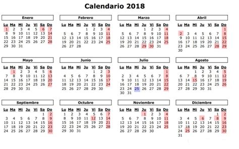 Calendario para imprimir 2018 PDF | Calendario 2018 para ...