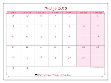 Calendario para imprimir marzo 2018   Rosea   España