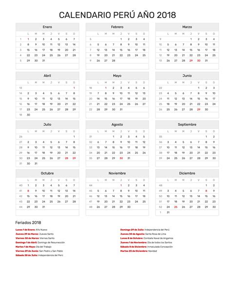 Calendario Perú Año 2018 | Feriados