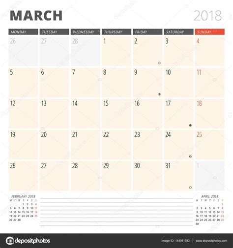 Calendario planificador para marzo de 2018. Plantilla de ...