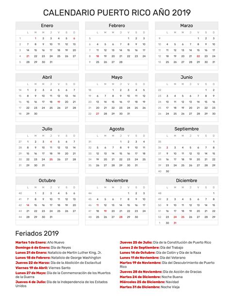 Calendario Puerto Rico Año 2019 | Feriados