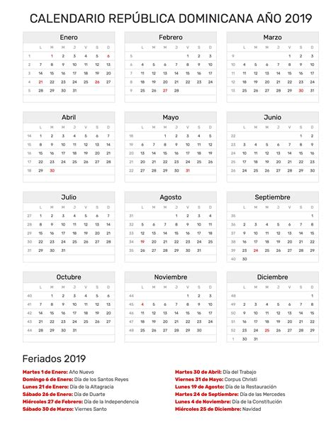Calendario República Dominicana Año 2019 | Feriados