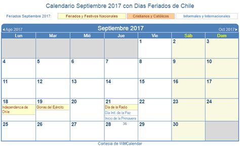Calendario Septiembre 2017 para imprimir   Chile