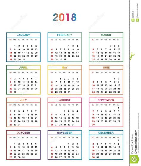 Calendario Simple Del Color Por El Año 2018 Los Nombres De ...