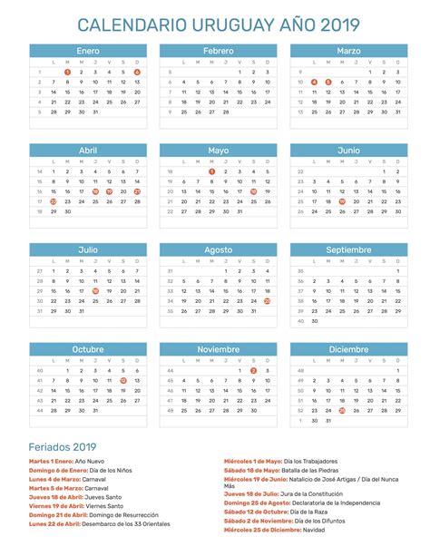 Calendario Uruguay Año 2019 | Feriados