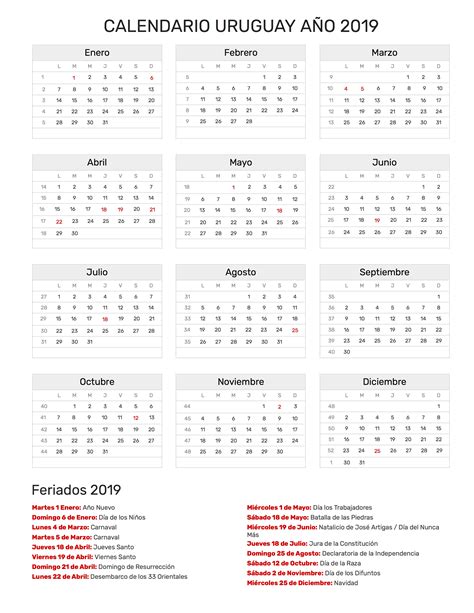 Calendario Uruguay Año 2019 | Feriados