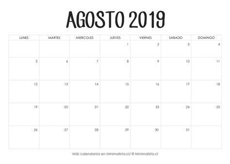 Calendarios 2019 para Imprimir   Minimalista