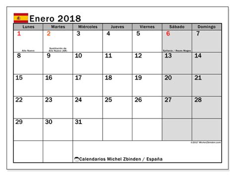 Calendarios para imprimir enero 2018   España