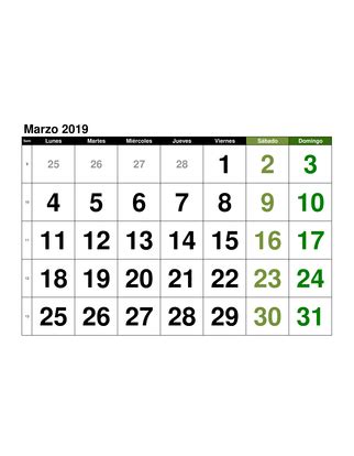 Calendario【Marzo 2019】en formato EXCEL GRATIS