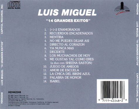Carátula TRASERA de LUIS MIGUEL   14 GRANDES EXITOS