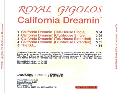 Carátula Trasera de Royal Gigolos   California Dreamin ...