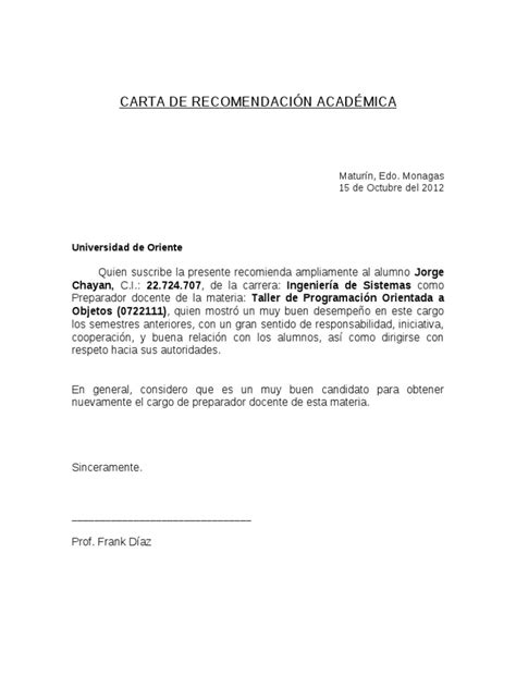 Carta de Recomendacion Academica