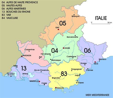 Carte de Provence Alpes Côtes d’Azur  PACA    Région de France