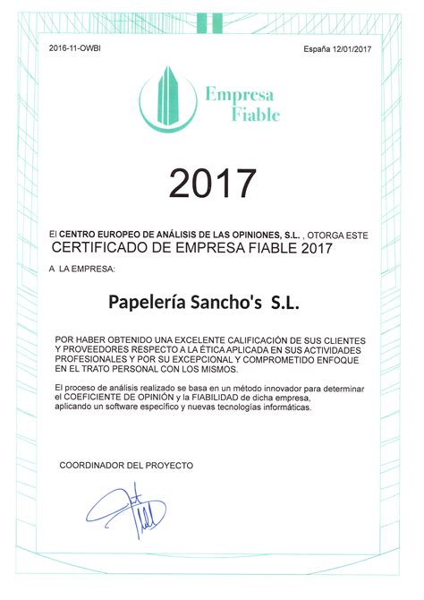 Certificado de empresa fiable 2017