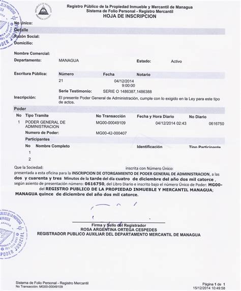 Certificado de inscripción de poder general de administración