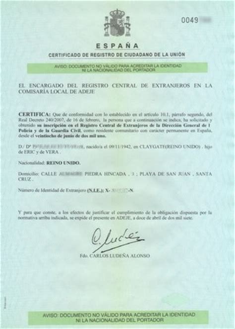Certificado de Registro de Ciudadano de la UE