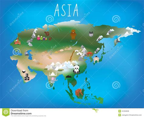 Childrens Map, Asia And Asian Continent With Landm Stock ...