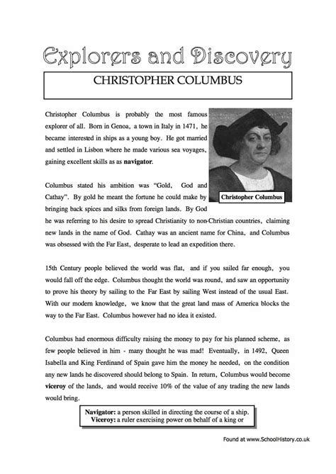 Christopher Columbus Facts & Information Worksheet   Year 8/9