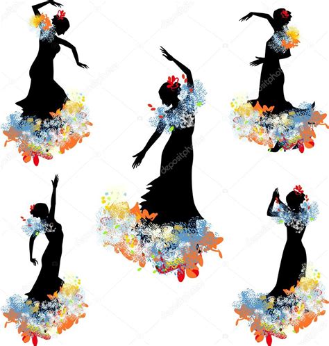 Cinco siluetas de bailaora de flamenco — Vector de stock ...