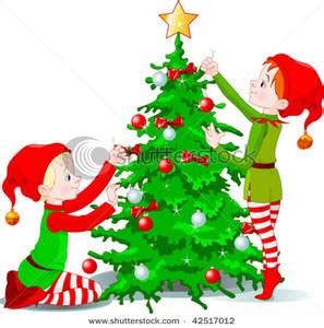 Clip Art Image: Two Cute Elves Decorating a Christmas Tree