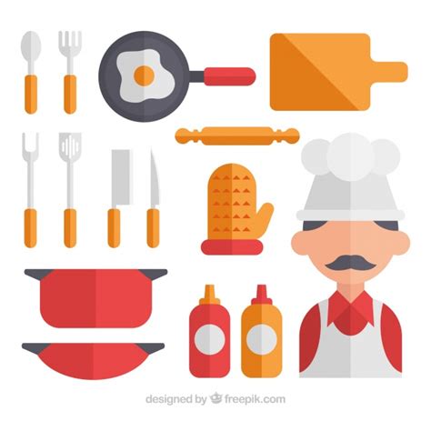 Colección de chef y utensilios de cocina en diseño plano ...