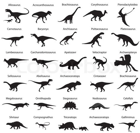 Collection of silhouettes of dinosaurs with names | Stock ...