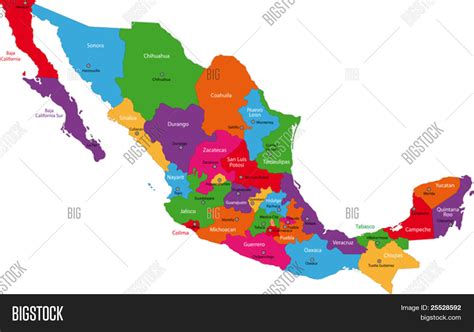 Colorful Mexico map with state borders and capital cities ...