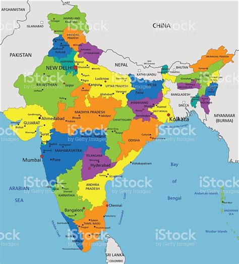 Colorido Mapa Político De La India Claramente Etiquetados ...