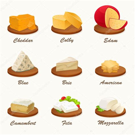 Conjunto de diferentes tipos de queijo no tabuleiro ...