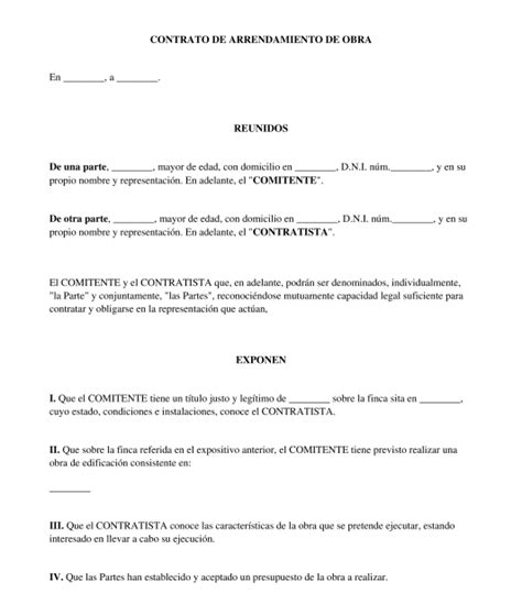 Contrato de Arrendamiento de Obra   Modelo   Word y PDF