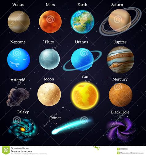 Cosmos Stars Planets Galaxy Icons Set Stock Vector   Image ...