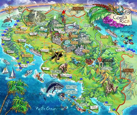 Costa Rica Attractions | Costa Rica Illustrated Map by ...