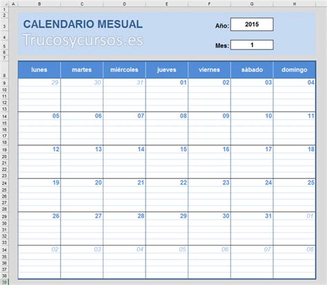 Crear un calendario mensual en Excel para notas del mes ...