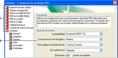 Cuadro de diálogo Configuración Adobe PDF  Windows