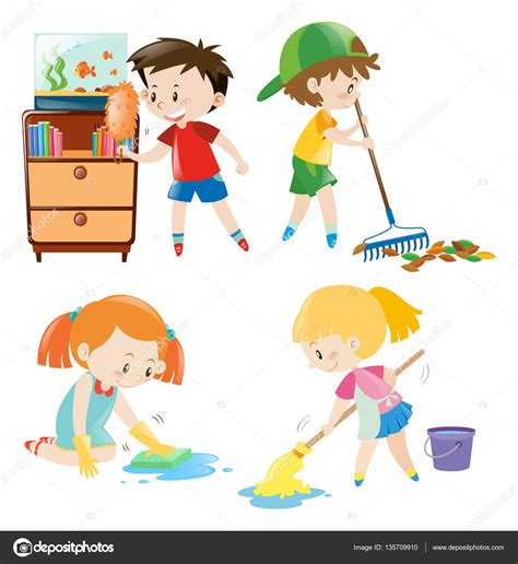 Cuatro niños realizando diferentes tareas en el hogar ...