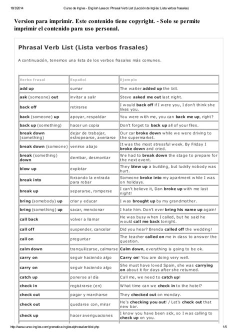 Curso de ingles english lesson phrasal verb list  lección ...