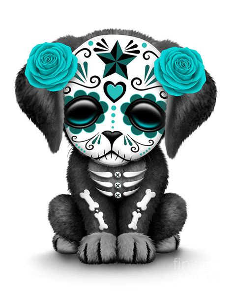 Cute Teal Blue Day Of The Dead Sugar Skull Dog Digital Art ...