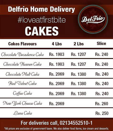 Del Frio s Cakes Home Delivery Menu for Karachi   Brandsynario