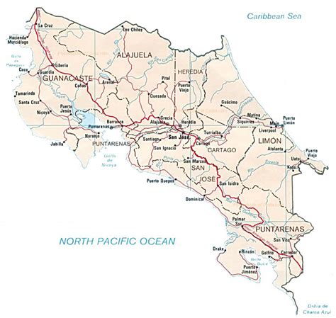 Detailed administrative and road map of Costa Rica. Costa ...