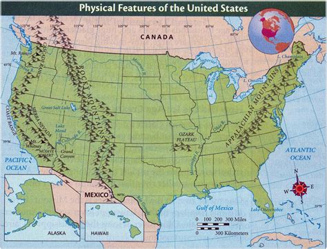 Detailed physical features map of the United States ...