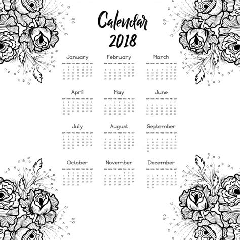 Dibujado a mano blanco y negro rosas calendario 2018 ...