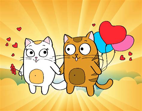 Dibujo de Dos gatitos kawaii enamorados ♥ pintado por ...
