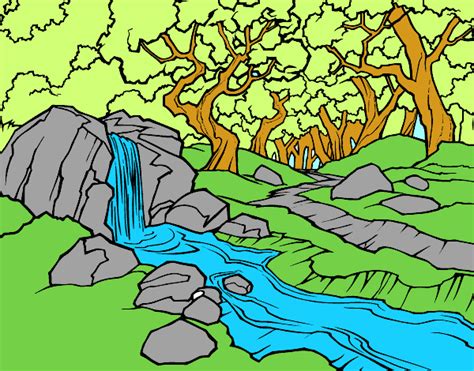 Dibujo de Paisaje de bosque con un río pintado por en ...