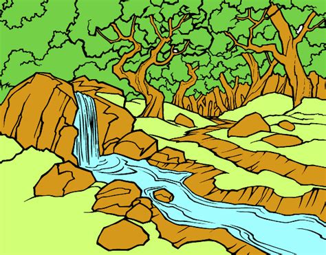 Dibujo de Paisaje de bosque con un río pintado por ...