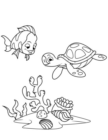 Dibujo de Peces de arrecife de coral y tortuga marina para ...