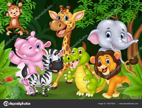 Dibujos animados de animales salvajes en la selva ...
