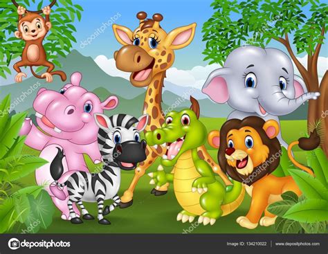 Dibujos animados de animales salvajes en la selva — Vector ...